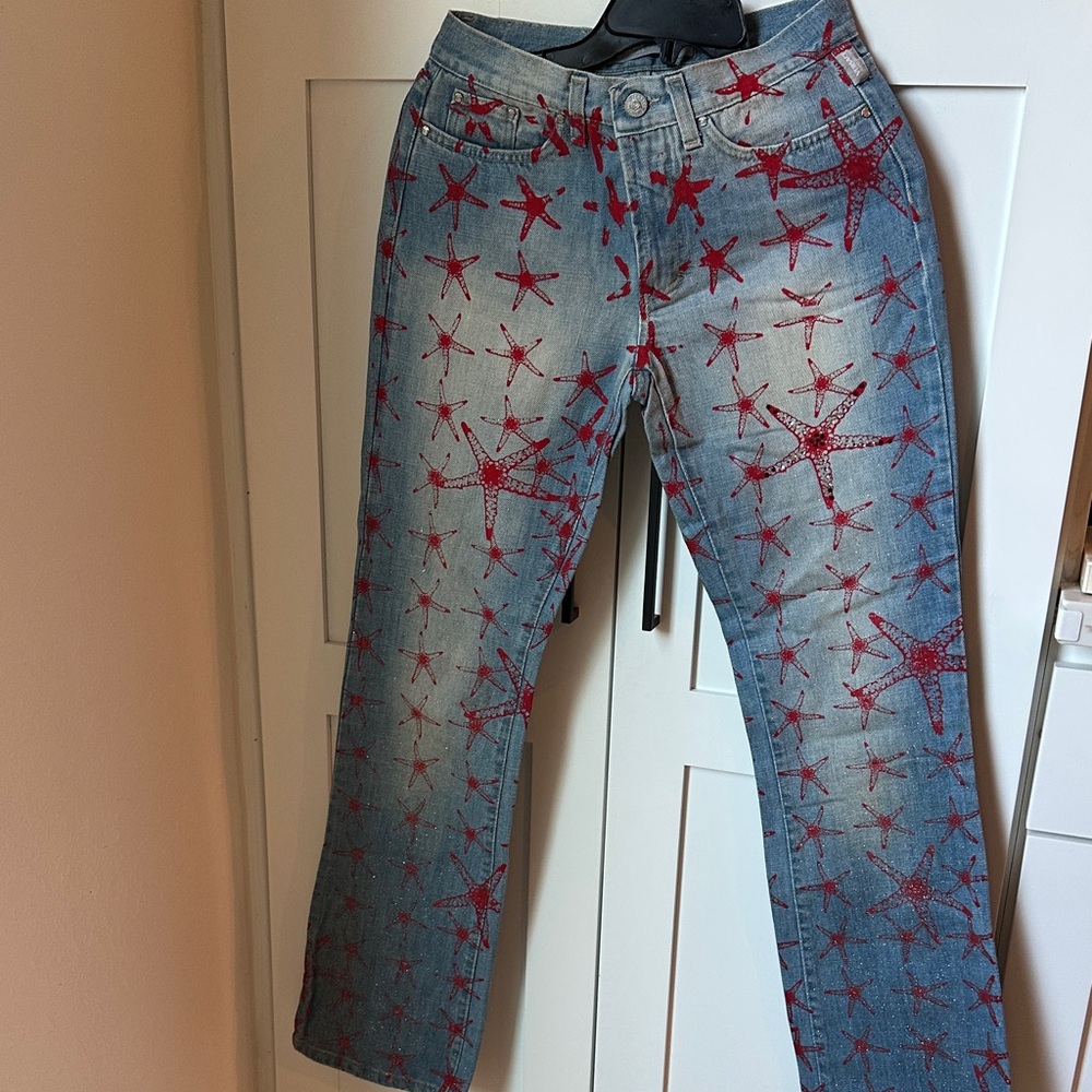 NWOT Versace Blue and Red Starfish Straight Leg Jeans